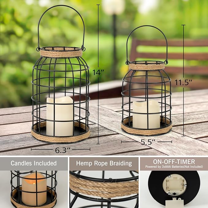 Rustic Farmhouse Decorative Lantern Set of 2, Boho Lanterns - Image 4