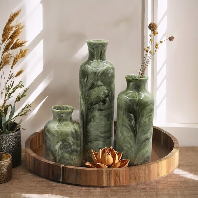 Resin 3 Piece Decorative Vase Set, Sage Green Farmhouse Home Decor | Rustic - Image 9