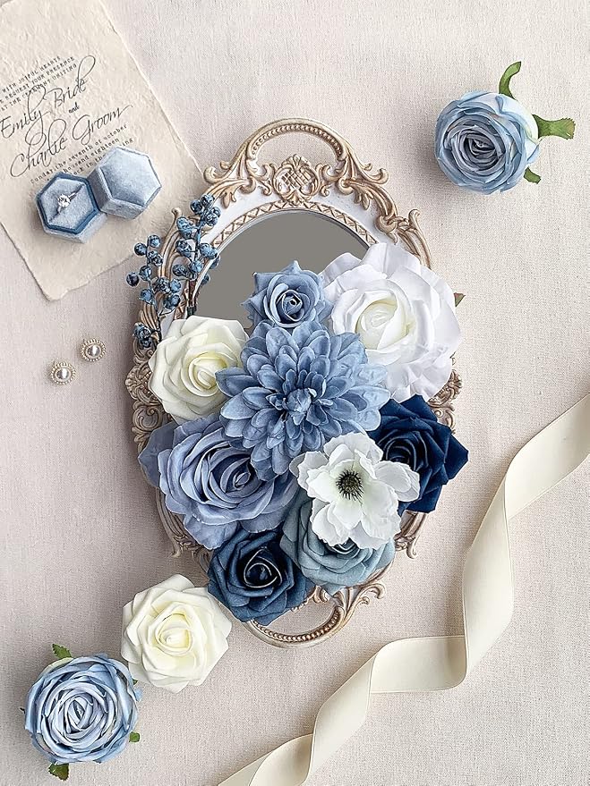 FACINOC Roses Artificial Flowers Blue Bouquet Box Set Fake Flower - Image 3