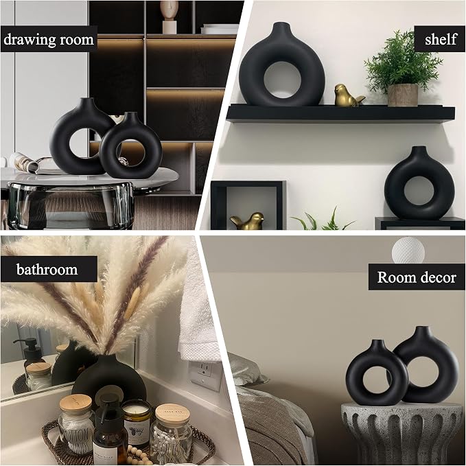Black Ceramic Donut Vase Set of 2, Hollow Round Matte Pampas Flower Vases - Image 6