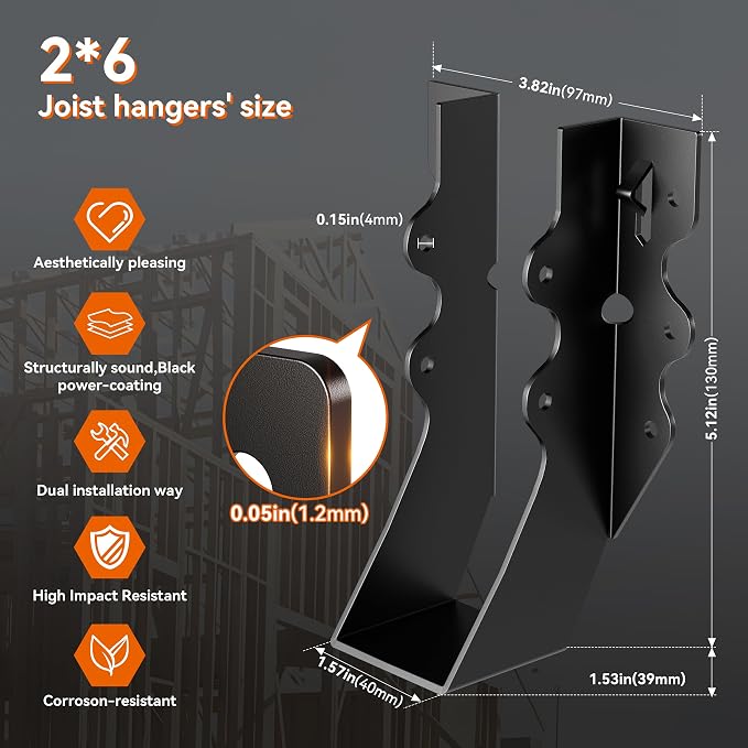 25 Pcs Black 2x6 Joist Hangers for Wood, 18 Gauge Rafter Brackets, face Mount - Image 5