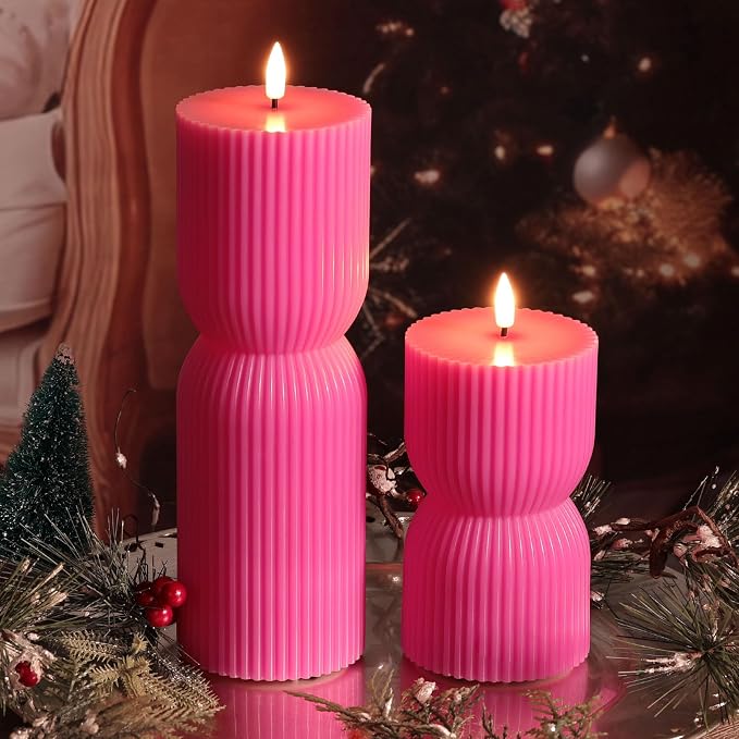 Hot Pink Ribbed Flameless Pillar Candles - Image 8