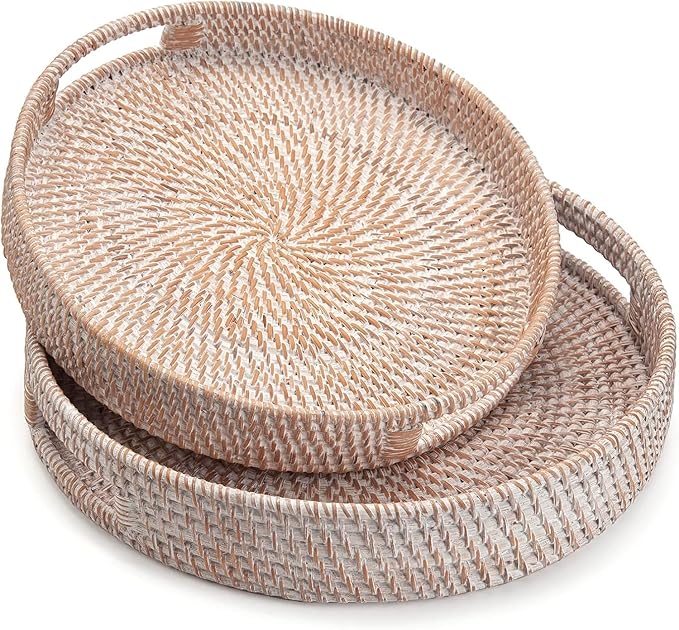 2 Pack Round Rattan Tray, Hand Woven Serving Tray by XIMISISE