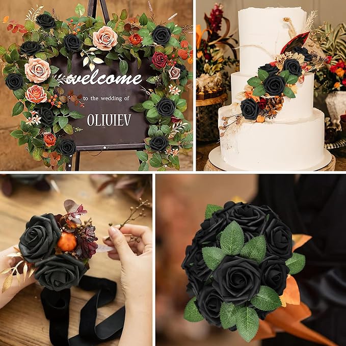 AmyHomie Black Rose 25pcs Real Looking Artificial Flowers w/Stem | Bouquet - Image 4