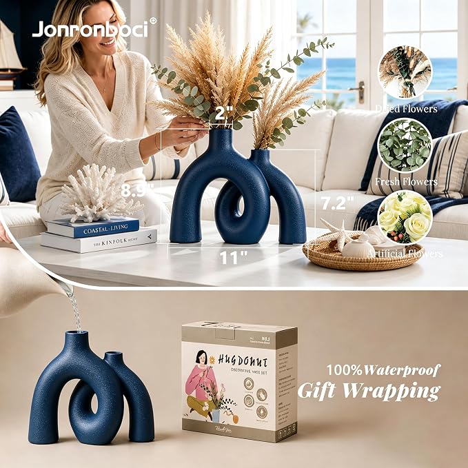 Blue Vase Set, Hug Donut Navy Ceramic Vases - Image 4