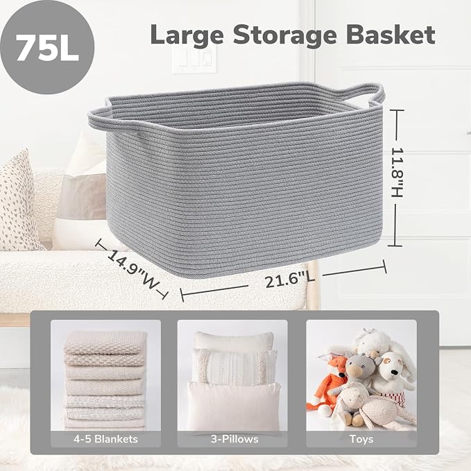 Goodpick Large Woven Rope Blanket Basket, 75L | 21.6'' x 14.9'' x 11.8'' - Image 3