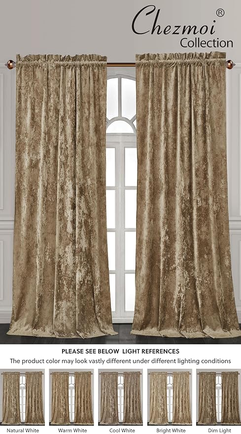 Chezmoi Collection Lux Tan Crushed Velvet Curtains 2 Panel Set - Image 5
