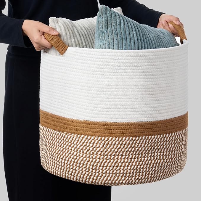 Blanket Basket for Living Room, Woven Rope Storage Basket | 16"D x 14"H | White - Image 3