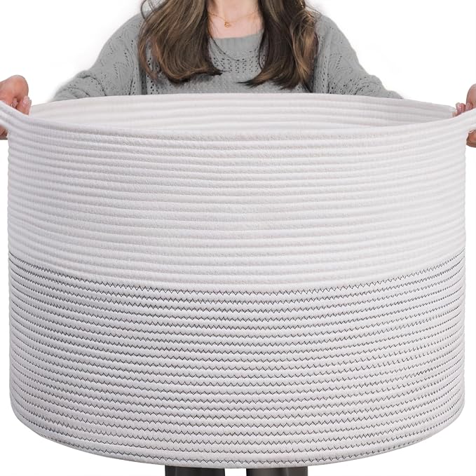 INDRESSME XXXLarge Woven Rope Blanket Basket Living Room White, 90L | 21.7" x by INDRESSME