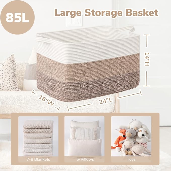 Goodpick Large Woven Blanket Basket 23.6" x 15.7" x 13.8" Cotton Rope Storage - Image 3