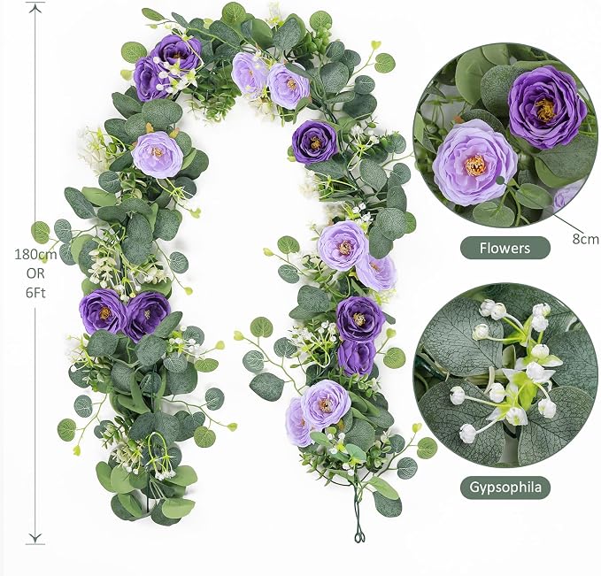 TOCHGREEN 4 Pack Artificial Eucalyptus Flower Garland - Image 3