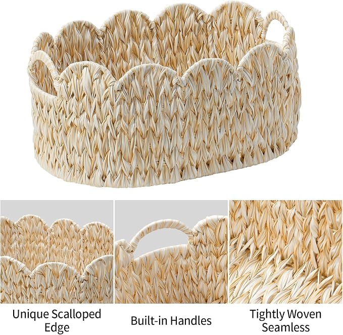 Coeusy Wicker Scalloped Basket Set of 2, Woven Storage Baskets - Image 7