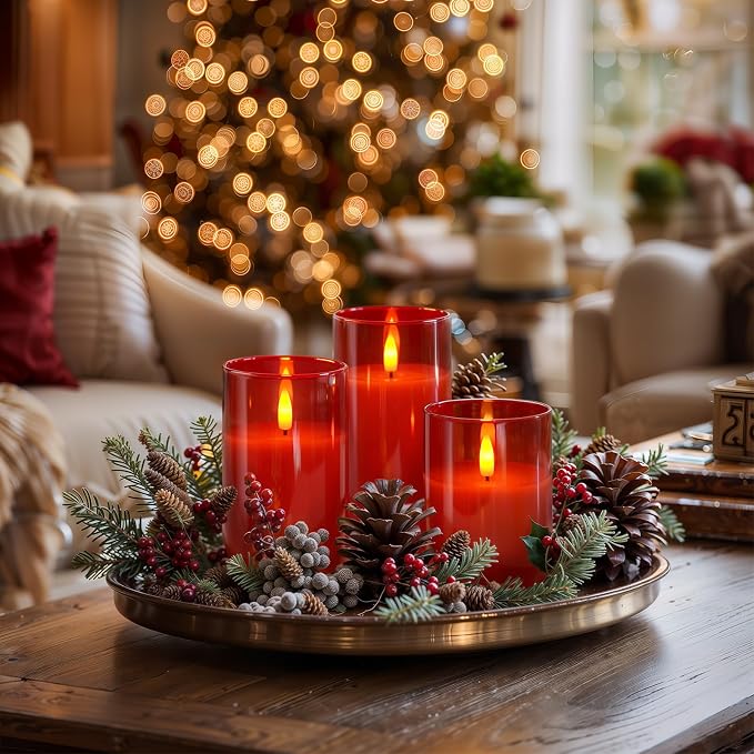 Homemory Red Glass Flameless Candles, Real Wax, Remote Timer, 3 Pack | - Image 2