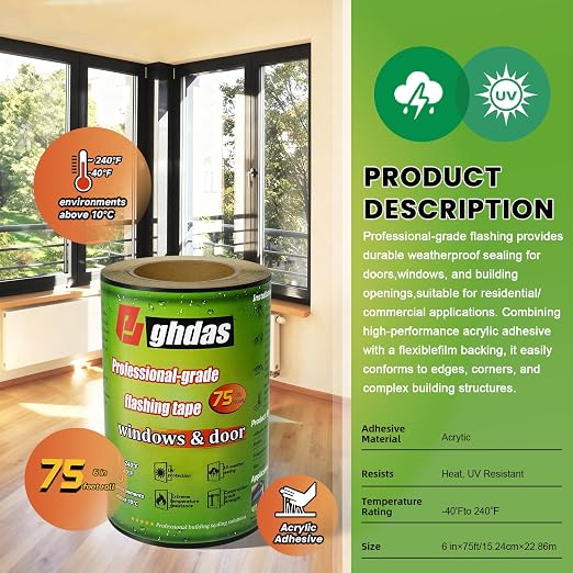 Bghdas Flashing Tape for Windows & Doors, Weather-Resistant, UV-Resistant - Image 3