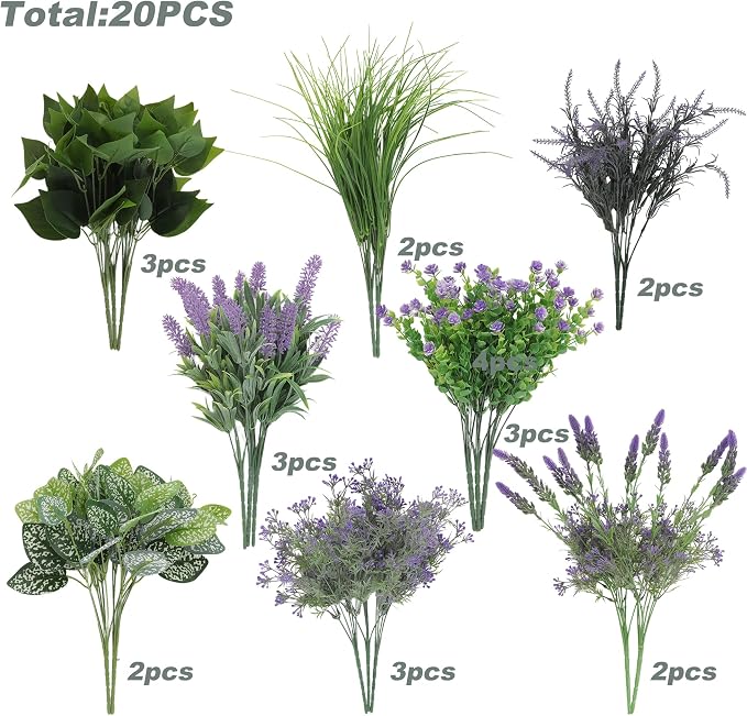 20PCS Artificial Plants Outdoor, Faux Lavender & Greenery Stems - Image 2