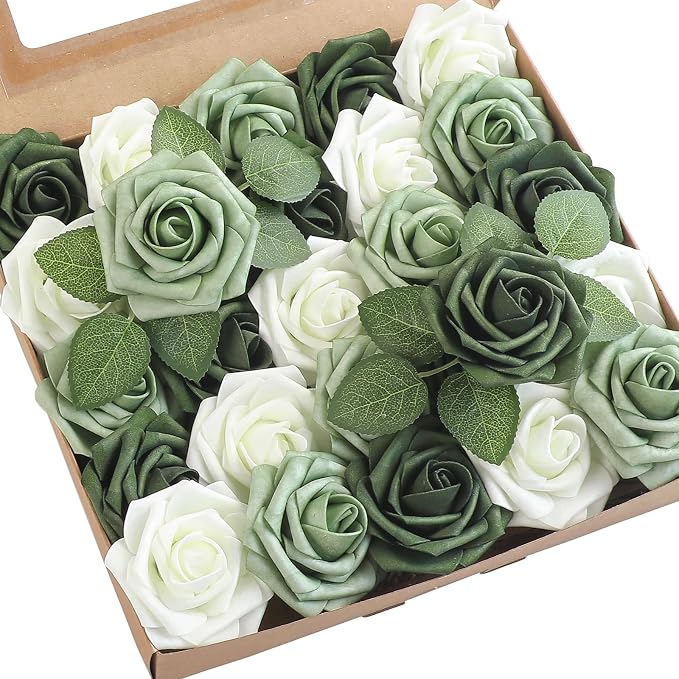 Artificial Flowers 25pcs Real Looking Sage Green & Emerald Green Foam Fake Roses by Floroom