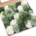 Artificial Flowers 25pcs Real Looking Sage Green & Emerald Green Foam Fake Roses by Floroom