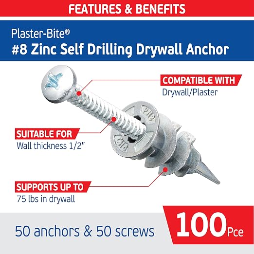 #8 Zinc Plaster Bite Self-Drilling Drywall Anchors w/Screws – Heavy Duty Zinc - Image 2