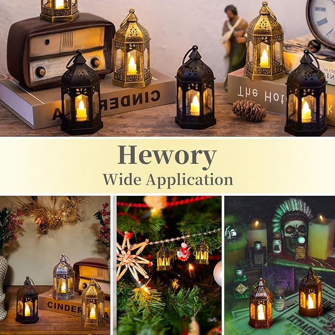 Mini Lantern with Flickering LED Candles Set of 20, Hewory Gold Vintage - Image 7
