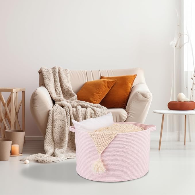 XUANGUO Extra Large Cotton Rope Round Storage Basket 22" x 14" Pink | Woven - Image 5