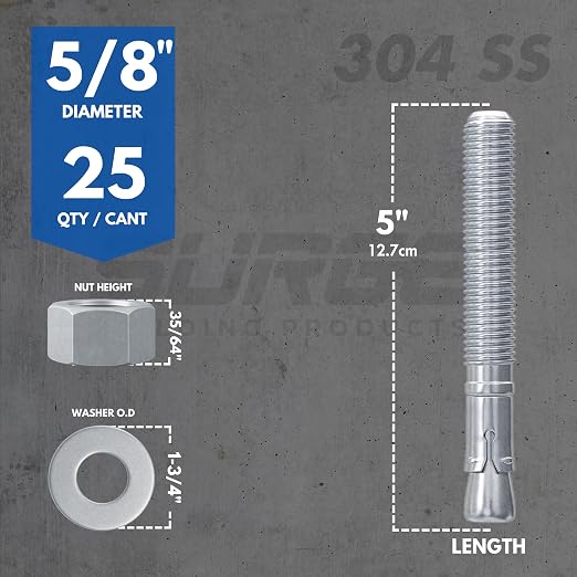 5/8" X 5" 304 Stainless Steel Wedge Anchors - Image 3