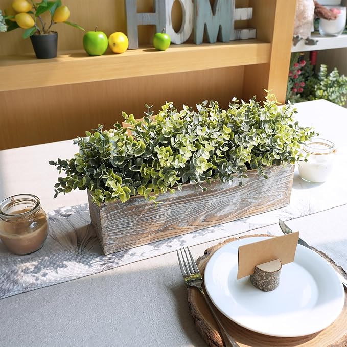 Winlyn 14" Artificial Eucalyptus in Rustic Rectangular Wooden Planter Box Faux - Image 8
