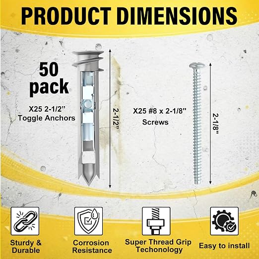 Frienda 50 Pcs Heavy Duty Drywall Anchors Self-Drilling Drywall Toggle Bolts - Image 2