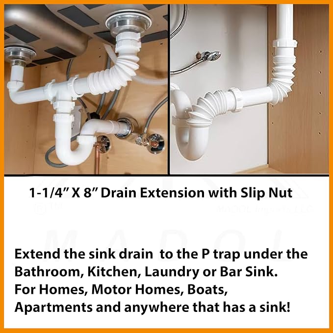 Plastic Drain Extension, 1-1/4 inch x 8 inch White Flexible tube - Image 5