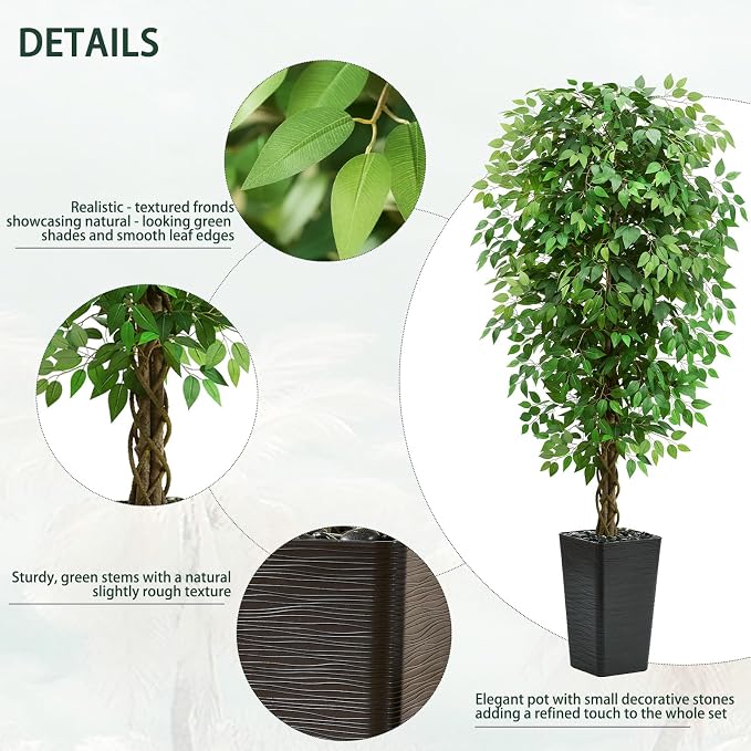 7FT Artificial Ficus Tree, 84 Inch Realistic Faux Silk Ficus Floor Plant - Image 3
