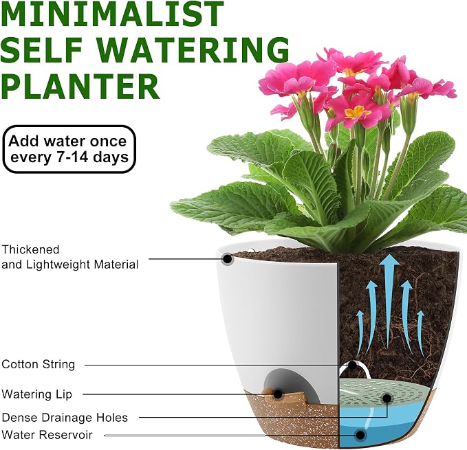 QRRICA Plant Pots 10/9/8/7.5/7 Inch Self Watering Pots, Plastic Flower Pots - Image 4