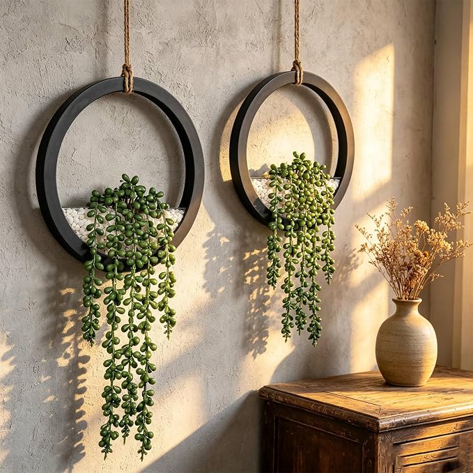 Boho Wall Decor, Indoor Hanging Planter Greenery Decor, Faux Succulent Wall - Image 4