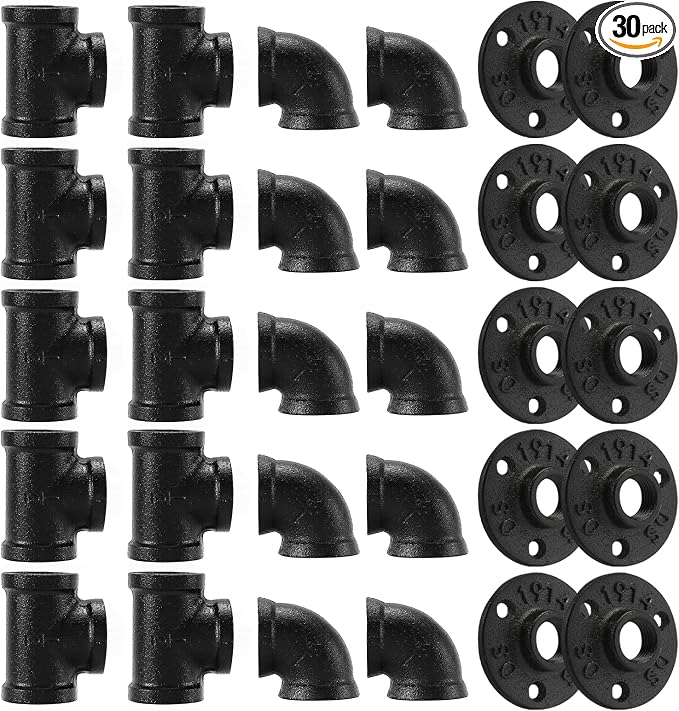1/2" Black Pipe Fitting, 30 Pack Floor Flange/Elbow/Tee Combo by HomeTZH
