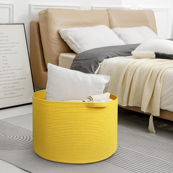 Extra Large Yellow Basket, 22” X 22” X 14” Cotton Rope Yellow Decor - Image 4