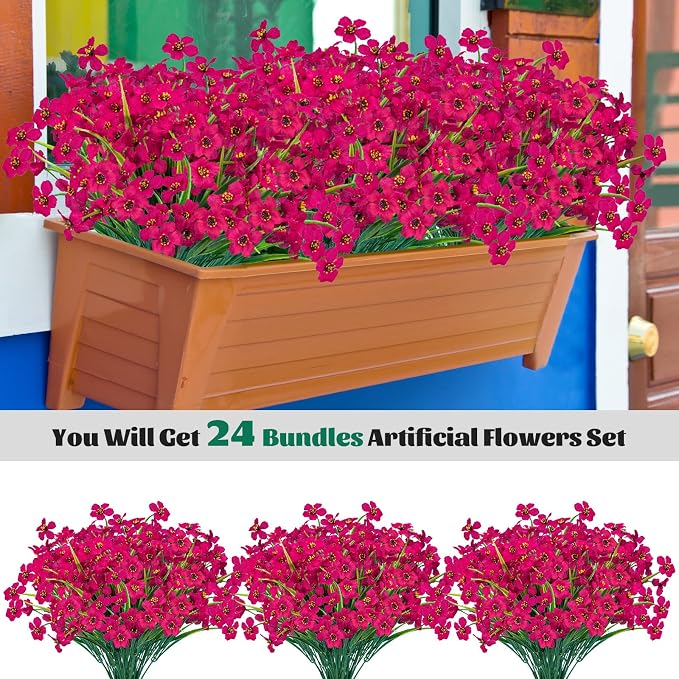 24 Pcs Artificial Flowers for Outdoor, Plastic Fake Flowers Decor, Rose Red | - Image 3