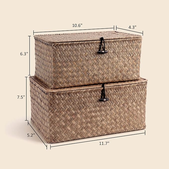 Nonam Storage Basket with Lid, Natural Seagrass Bin with Lid Set of 2, Shelf - Image 2