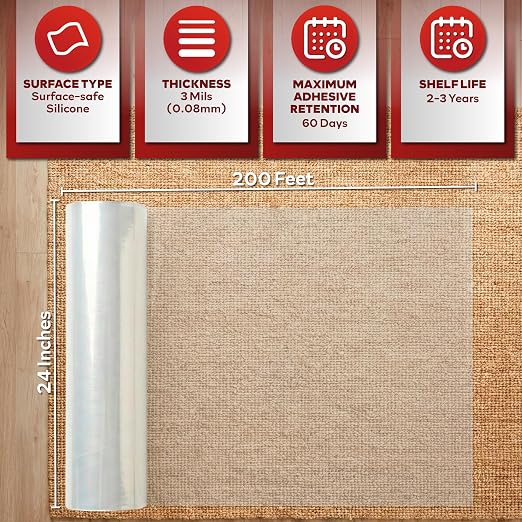 XFasten Carpet Protection Film Self Adhesive, 24 Inch x 200 Feet 3 Mil Clear - Image 3