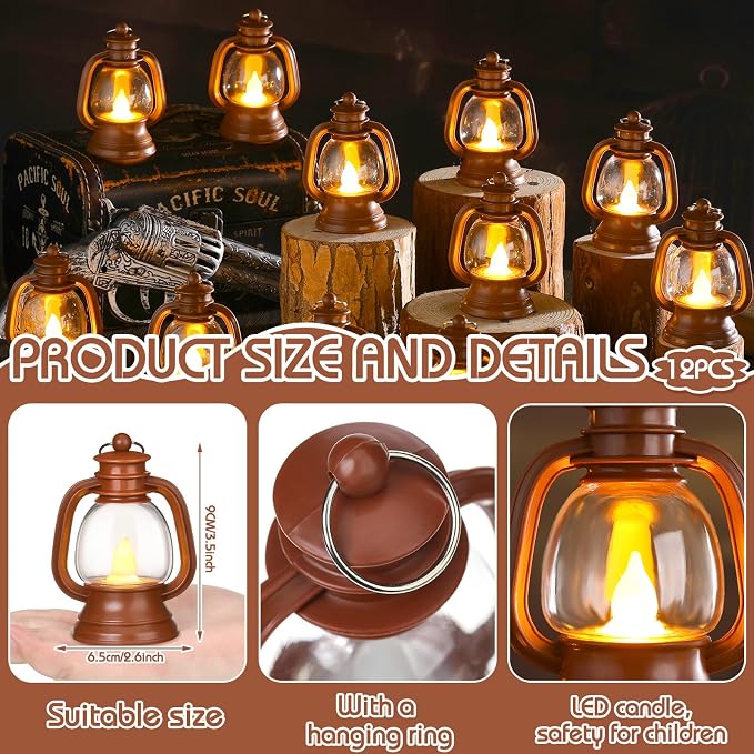 Ferraycle 12 Pcs Mini Lanterns 4 Inch Brown Lamp Table Decor | Western Cowboy - Image 2