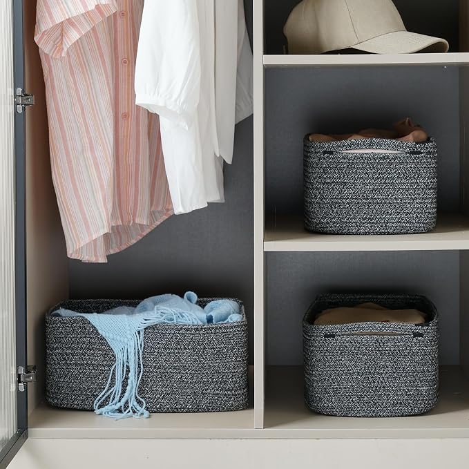 3 Pack Storage Baskets for Organizing, 13.7×9.5×6.3", Mixed Black | Woven - Image 2
