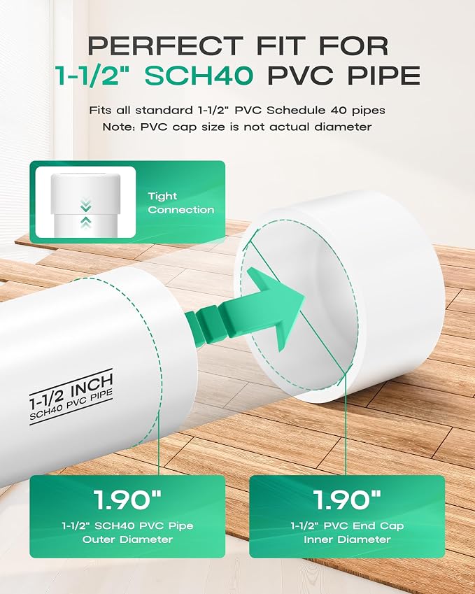 1-1/2 Inch PVC Cap, Fits Standard SCH40 1-1/2" PVC Pipe Fittings, Garden & - Image 3
