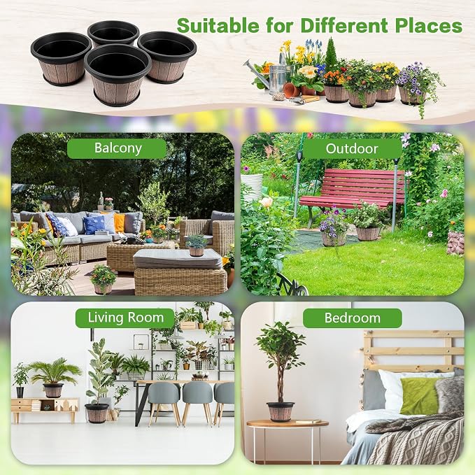 Quarut 4 Pack 8 inch Pots for Plants, Upgrade Whiskey Barrel Planters | Plastic - Image 3