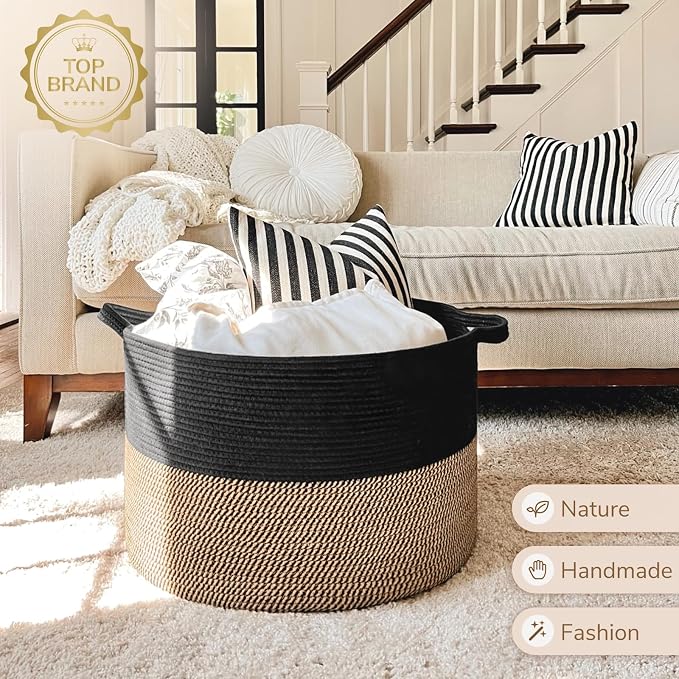 INDRESSME XXXLarge Woven Rope Blanket Basket Living Room Mix Black, 90L | 21.7" - Image 7