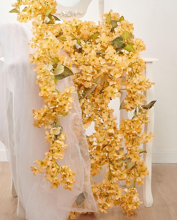 Artificial Flower Garland 2pcs 5.6ft Hydrangea Vine Decor, Champagne Flower | by PONKING