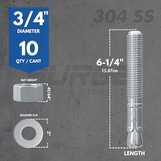 3/4" X 6-1/4" 304 Stainless Steel Wedge Anchors - Image 3