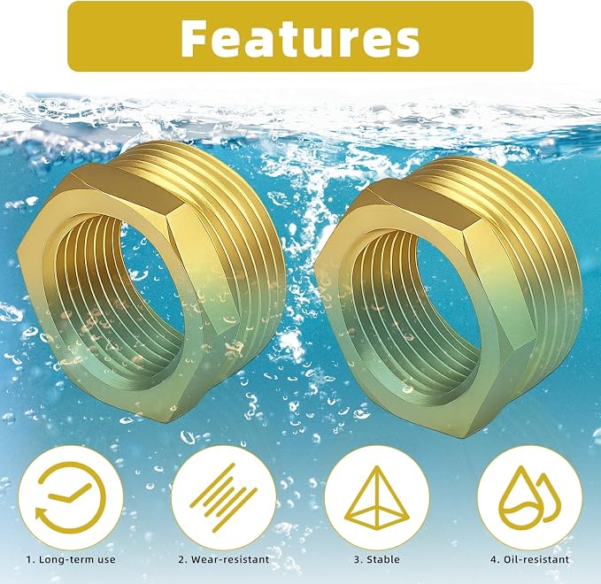 2pcs 1 Inch to 3/4 Inch NPT Female Adapter, Brass Reducing Hex Bushing | Heavy - Image 5