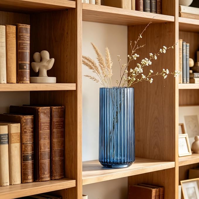 10 inch Blue Glass Flower Vase for Pampas Grass, Medium Decorative Centerpiece - Image 6