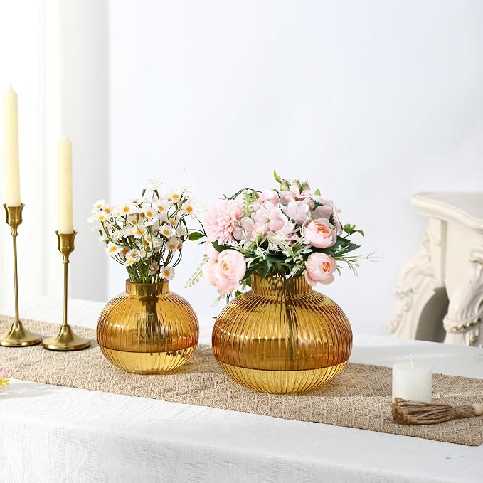 Amber Glass Vases for Tulips, Flower Vases for Bouquet, Ribbed Glass Vase for - Image 2