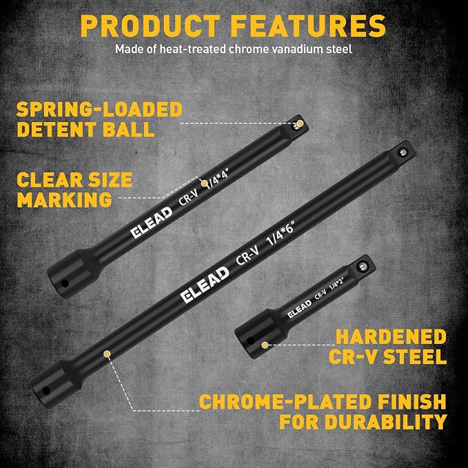 4-Piece 1/4" Drive Socket Extension Bar Set, 6 inch Professional Extension Set - Image 3