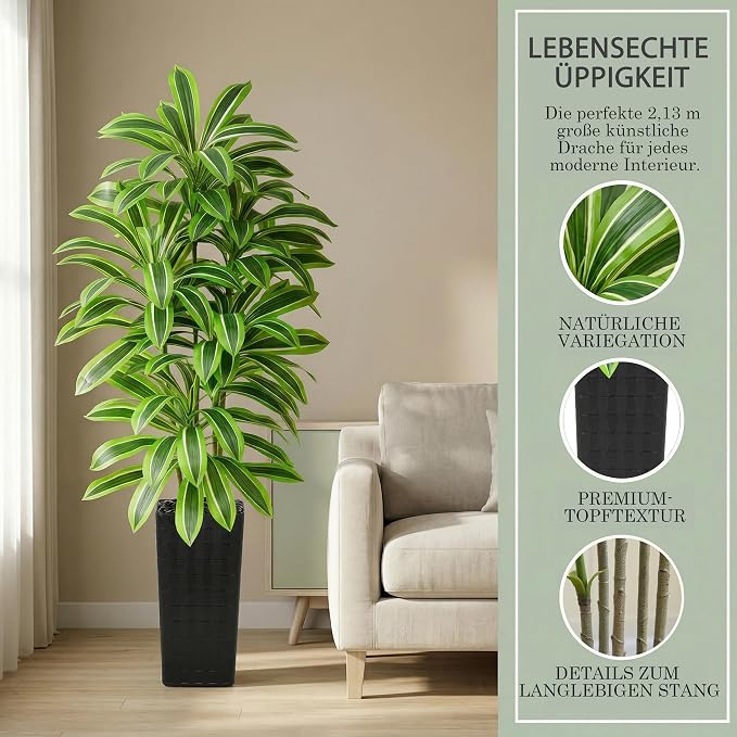 Artificial Dracaena Tree: 7FT Fake Plants Silk Faux Trees（Black Pot） | - Image 5