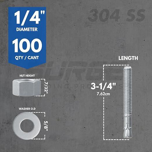 1/4" X 3-1/4" 304 Stainless Steel Wedge Anchors - Image 3