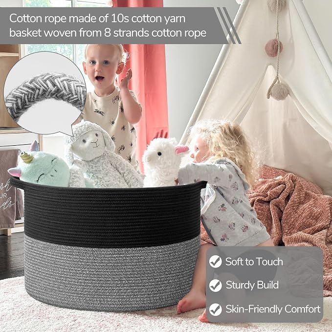 INDRESSME XXXLarge Woven Rope Blanket Basket Living Room Black Grey | 21.7" x - Image 2